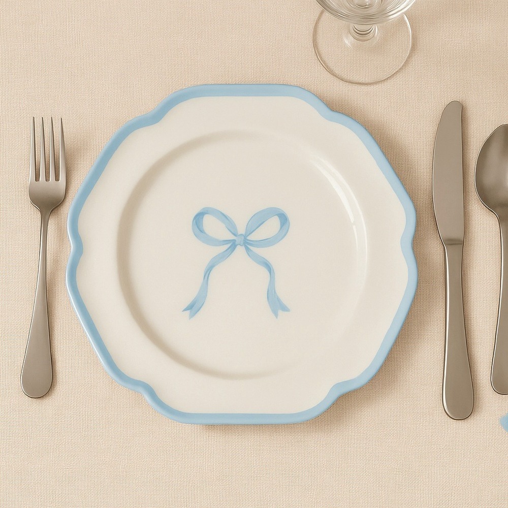 Shabby Chic Melamine Plates Set of 4 Blue Bow Accent Dessert‎ Salad Plate 8''